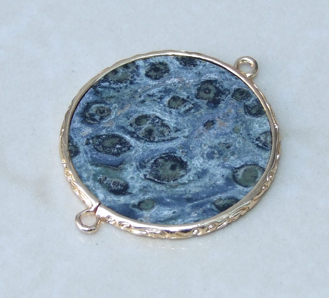 Kambaba Jasper Connector, Gemstone Pendant, Fossilized Algae Slice, Thin, Polished, Round, Gemstone Beads, Filigree Bezel - 32mm - EDGBeadsandGems