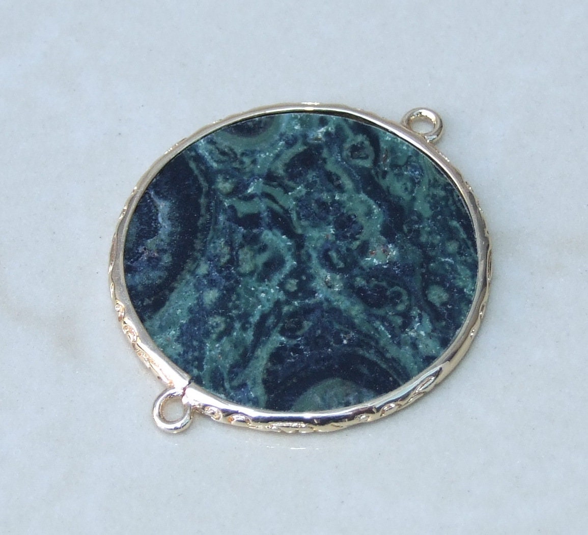 Kambaba Jasper Connector, Gemstone Pendant, Fossilized Algae Slice, Thin, Polished, Round, Gemstone Beads, Filigree Bezel - 32mm - EDGBeadsandGems