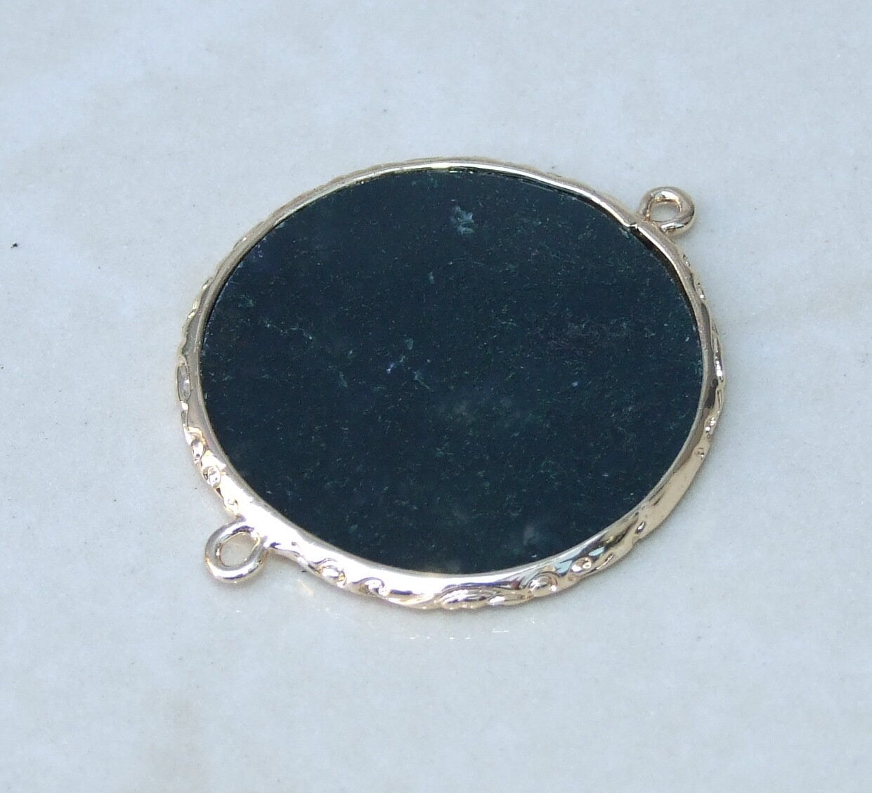Moss Agate Connector, Gemstone Pendant, Moss Agate Slice, Thin Polished Agate, Round, Gemstone Beads, Gold Filigree Bezel - 32mm - 9379 - EDGBeadsandGems