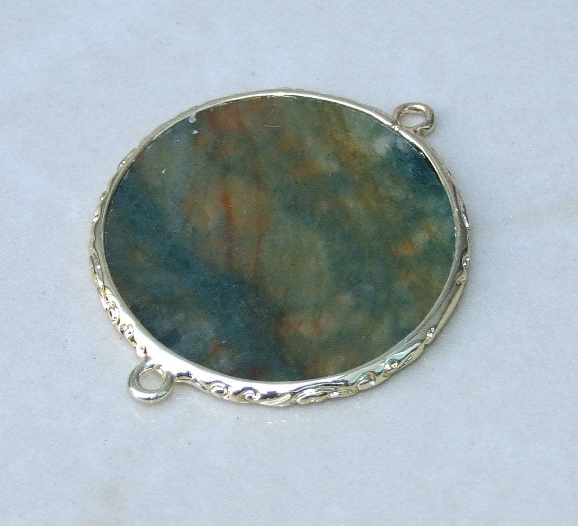 Moss Agate Connector, Gemstone Pendant, Moss Agate Slice, Thin Polished Agate, Round, Gemstone Beads, Gold Filigree Bezel - 32mm - 9383 - EDGBeadsandGems