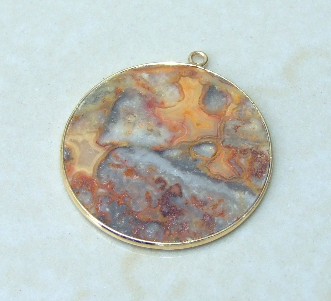 Crazy Lace Agate Pendant, Gemstone Pendant, Mexican Agate, Thin Agate Slice, Polished Agate, Round, Gold Bezel, Jewelry Stones, 30mm - EDGBeadsandGems