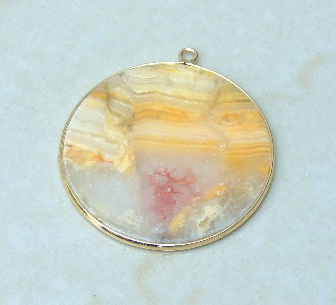 Crazy Lace Agate Pendant, Gemstone Pendant, Mexican Agate, Thin Agate Slice, Polished Agate, Round, Gold Bezel, Jewelry Stones, 30mm - EDGBeadsandGems