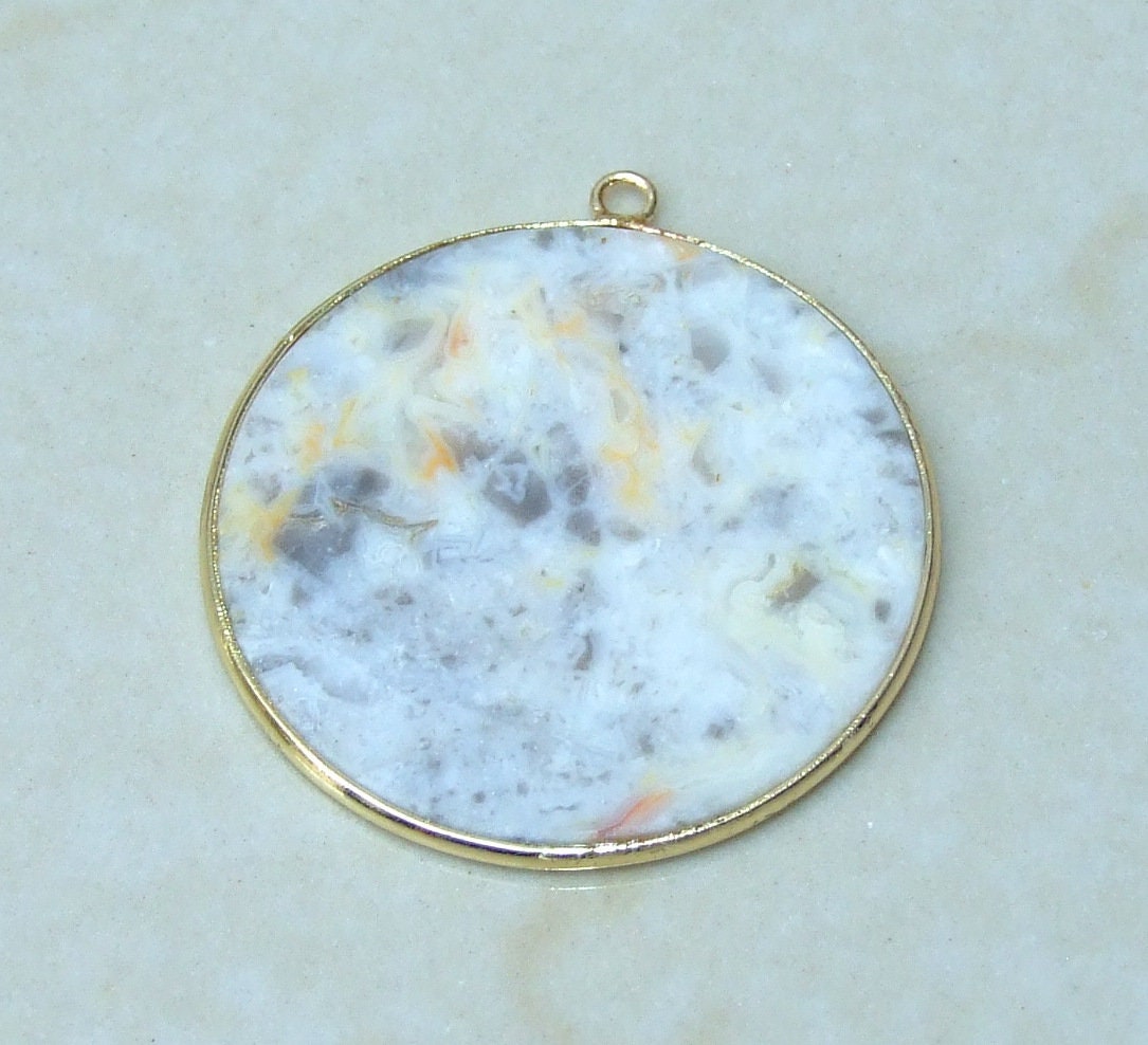 Crazy Lace Agate Pendant, Gemstone Pendant, Mexican Agate, Thin Agate Slice, Polished Agate, Round, Gold Bezel, Jewelry Stones, 30mm - EDGBeadsandGems