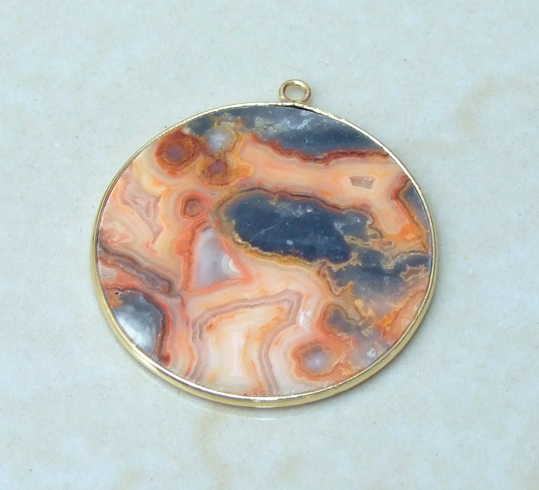 Crazy Lace Agate Pendant, Gemstone Pendant, Mexican Agate, Thin Agate Slice, Polished Agate, Round, Gold Bezel, Jewelry Stones, 30mm - EDGBeadsandGems