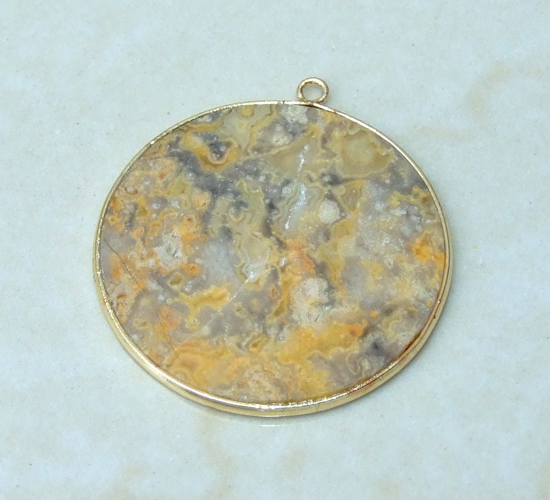 Crazy Lace Agate Pendant, Gemstone Pendant, Mexican Agate, Thin Agate Slice, Polished Agate, Round, Gold Bezel, Jewelry Stones, 30mm - EDGBeadsandGems