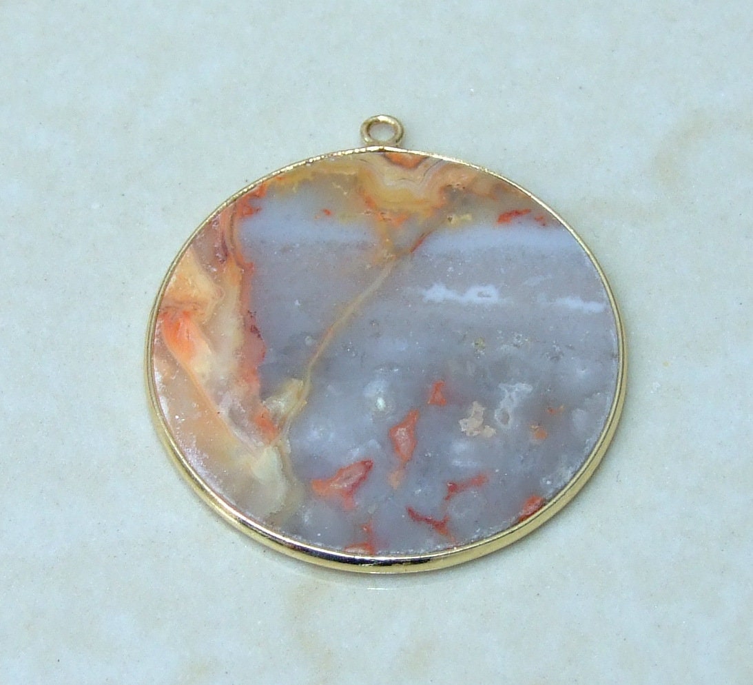 Crazy Lace Agate Pendant, Gemstone Pendant, Mexican Agate, Thin Agate Slice, Polished Agate, Round, Gold Bezel, Jewelry Stones, 30mm - EDGBeadsandGems