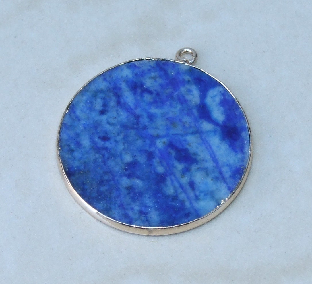 Lapis Lazuli Pendant, Gemstone Pendant, Thin Slice Pendant, Polished Lapis, Round, Gold Bezel, Jewelry Stones, Necklace Pendant, 30mm - EDGBeadsandGems