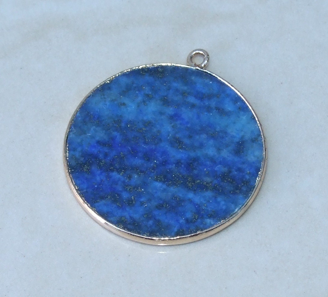 Lapis Lazuli Pendant, Gemstone Pendant, Thin Slice Pendant, Polished Lapis, Round, Gold Bezel, Jewelry Stones, Necklace Pendant, 30mm - EDGBeadsandGems