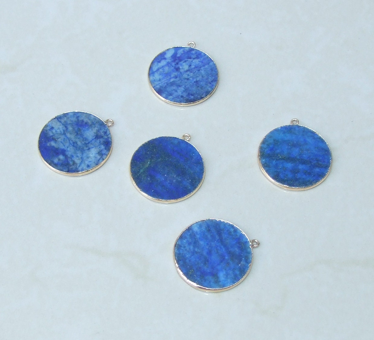 Lapis Lazuli Pendant, Gemstone Pendant, Thin Slice Pendant, Polished Lapis, Round, Gold Bezel, Jewelry Stones, Necklace Pendant, 30mm - EDGBeadsandGems