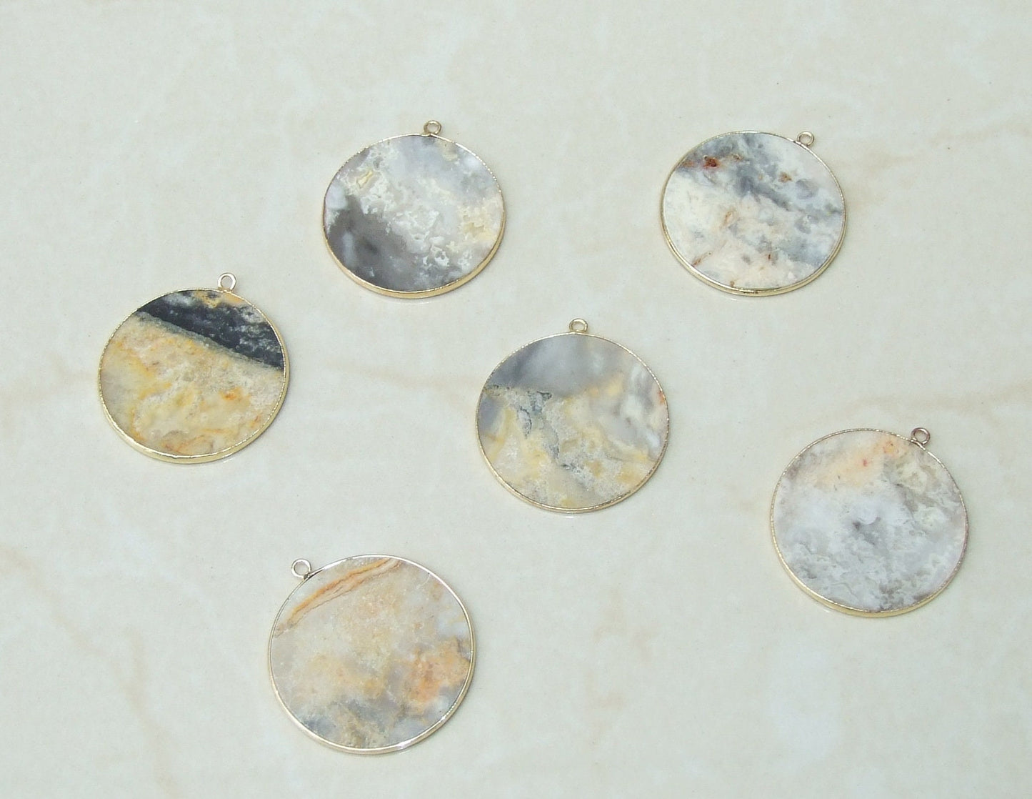 Crazy Lace Agate Pendant, Gemstone Pendant, Mexican Agate, Thin Agate Slice, Polished Agate, Gemstone Connector, Gold Bezel, 30mm, 21A - EDGBeadsandGems