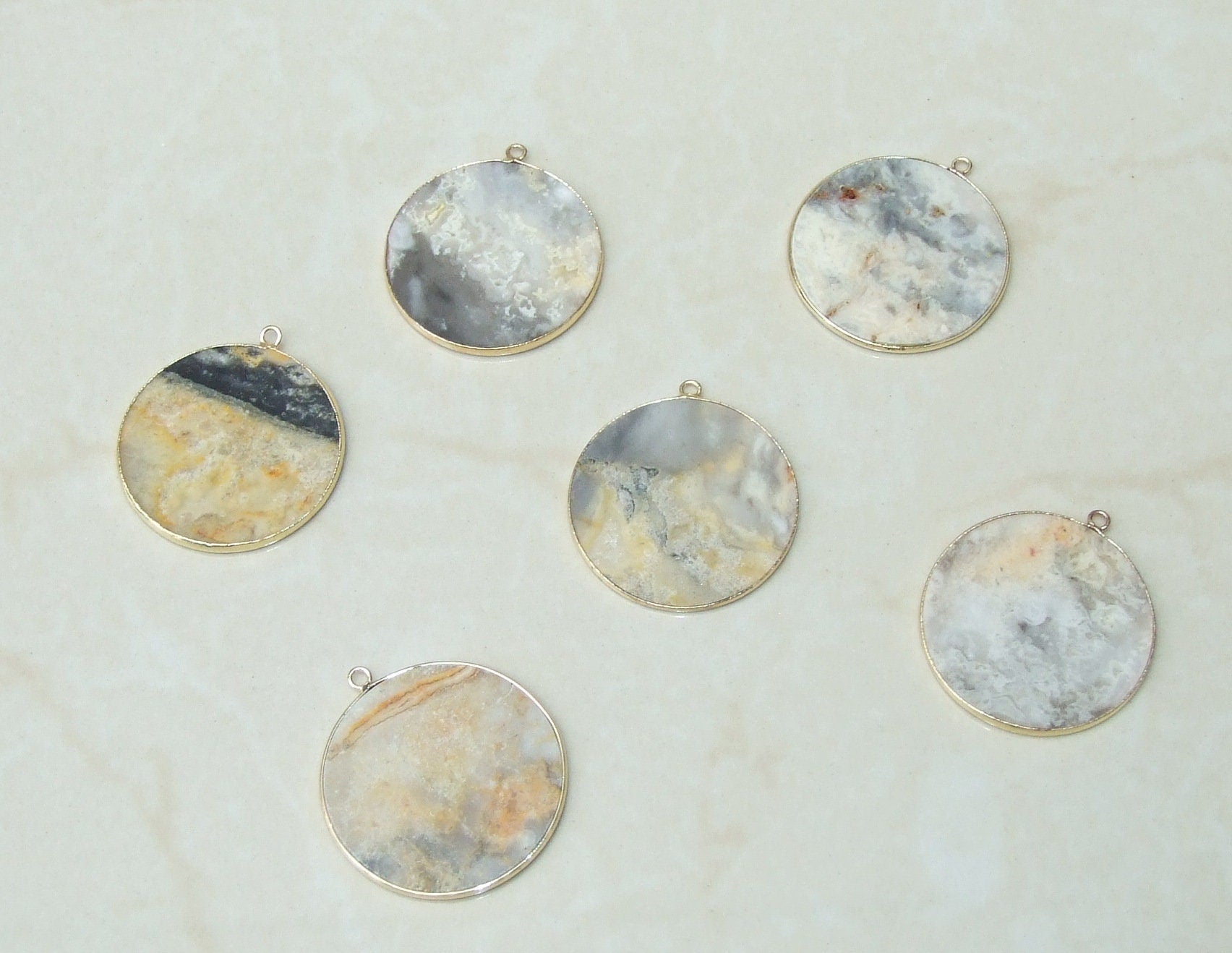 Crazy Lace Agate Pendant, Gemstone Pendant, Mexican Agate, Thin Agate Slice, Polished Agate, Gemstone Connector, Gold Bezel, 30mm, 21A - EDGBeadsandGems