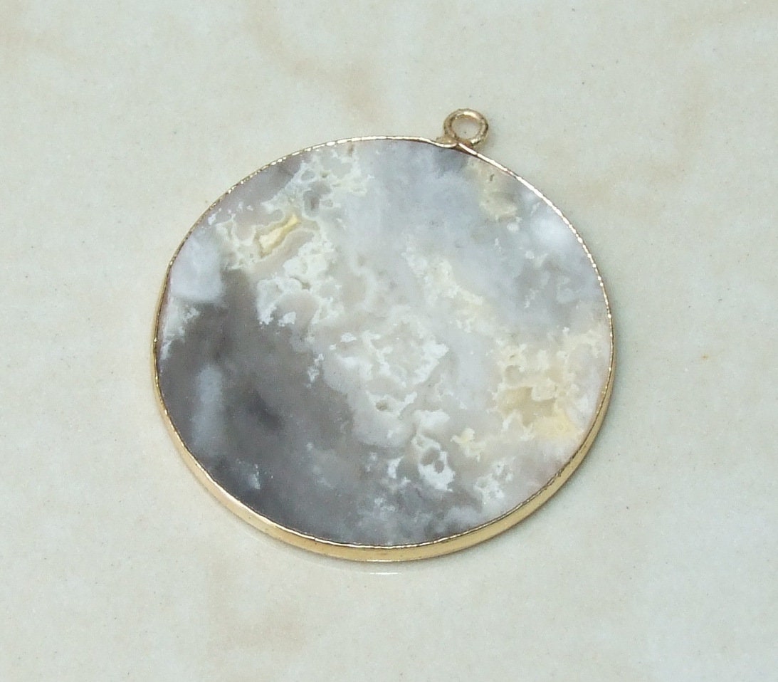 Crazy Lace Agate Pendant, Gemstone Pendant, Mexican Agate, Thin Agate Slice, Polished Agate, Gemstone Connector, Gold Bezel, 30mm, 21A - EDGBeadsandGems