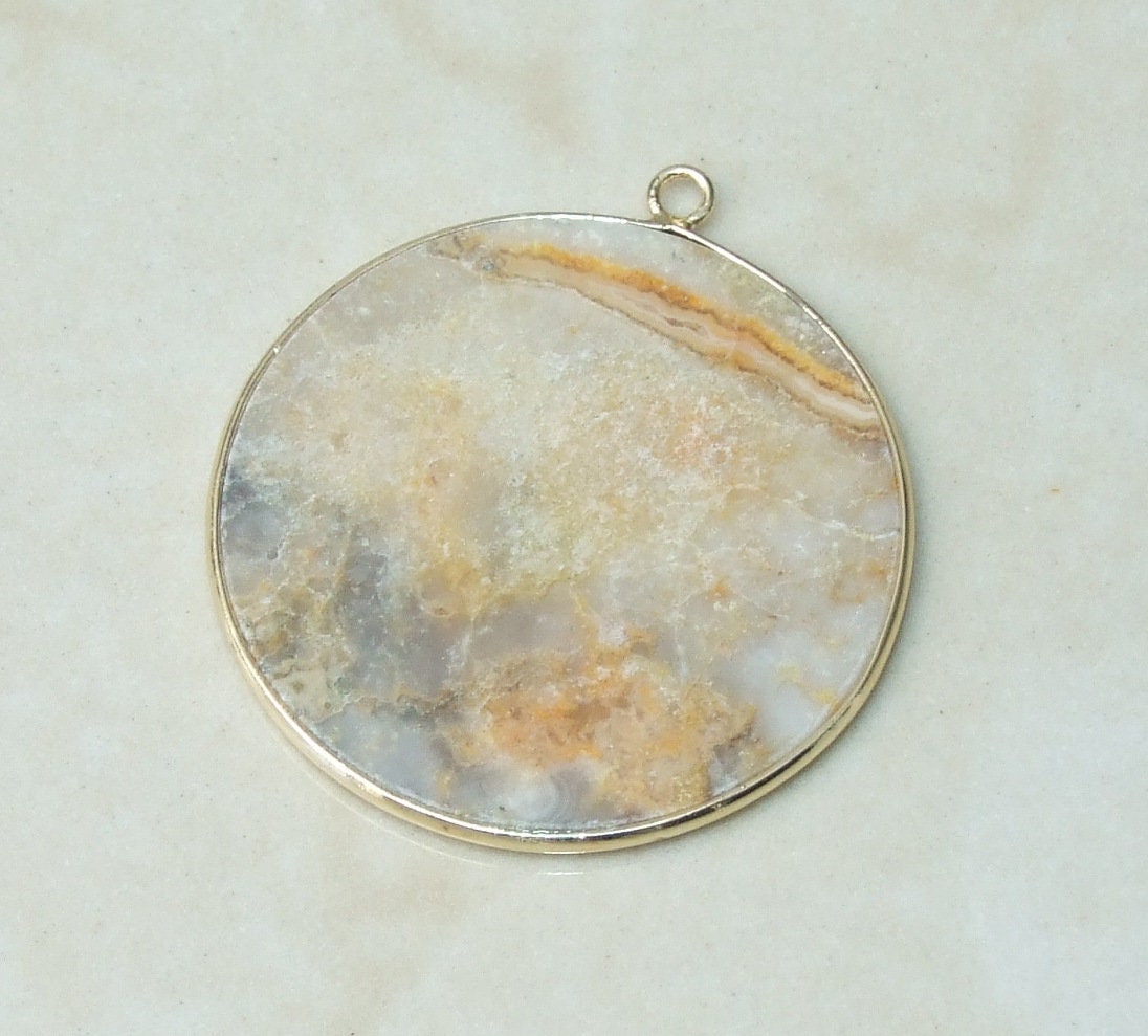 Crazy Lace Agate Pendant, Gemstone Pendant, Mexican Agate, Thin Agate Slice, Polished Agate, Gemstone Connector, Gold Bezel, 30mm, 21A - EDGBeadsandGems