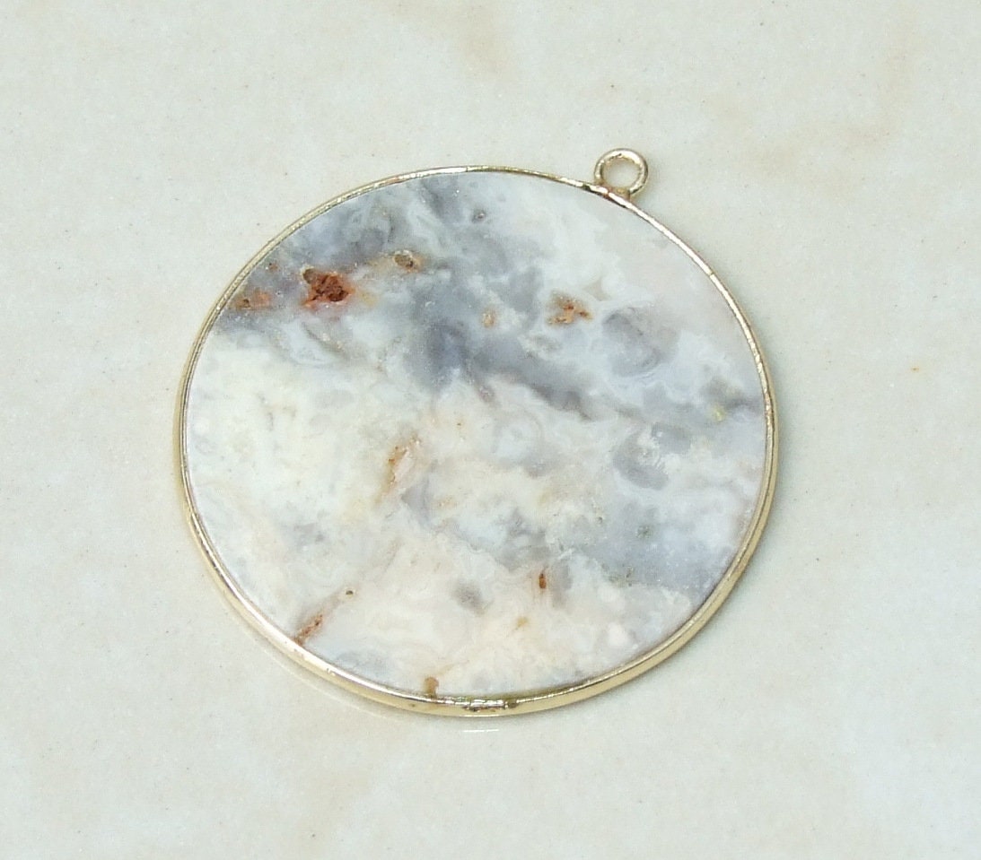 Crazy Lace Agate Pendant, Gemstone Pendant, Mexican Agate, Thin Agate Slice, Polished Agate, Gemstone Connector, Gold Bezel, 30mm, 21A - EDGBeadsandGems