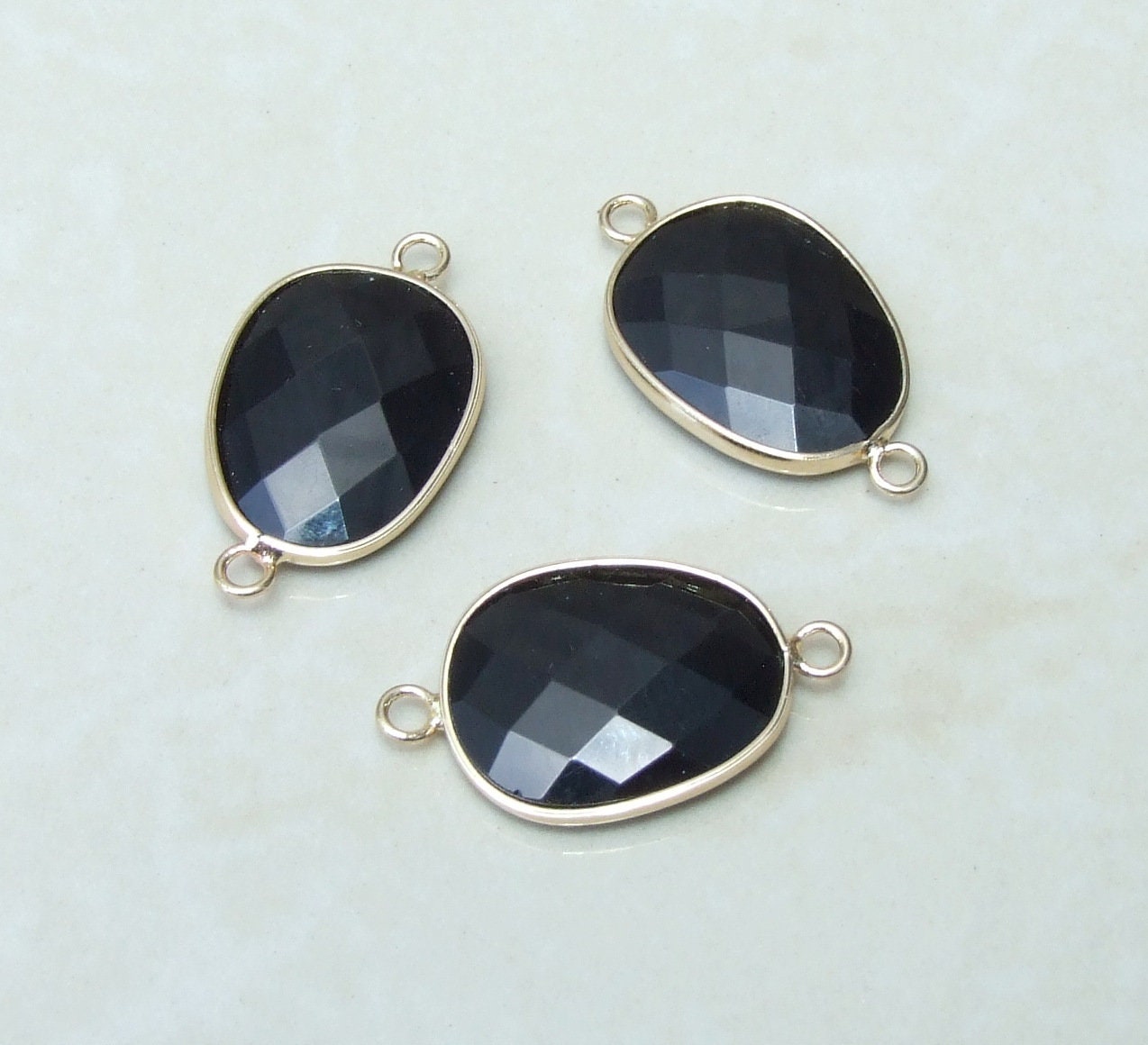 Black Onyx Faceted Connector, Faceted Gemstone Connector, Stone Pendant, Onyx Pendant, Gemstone Pendant, Gold Bezel, 18mm x 24mm 01E - EDGBeadsandGems