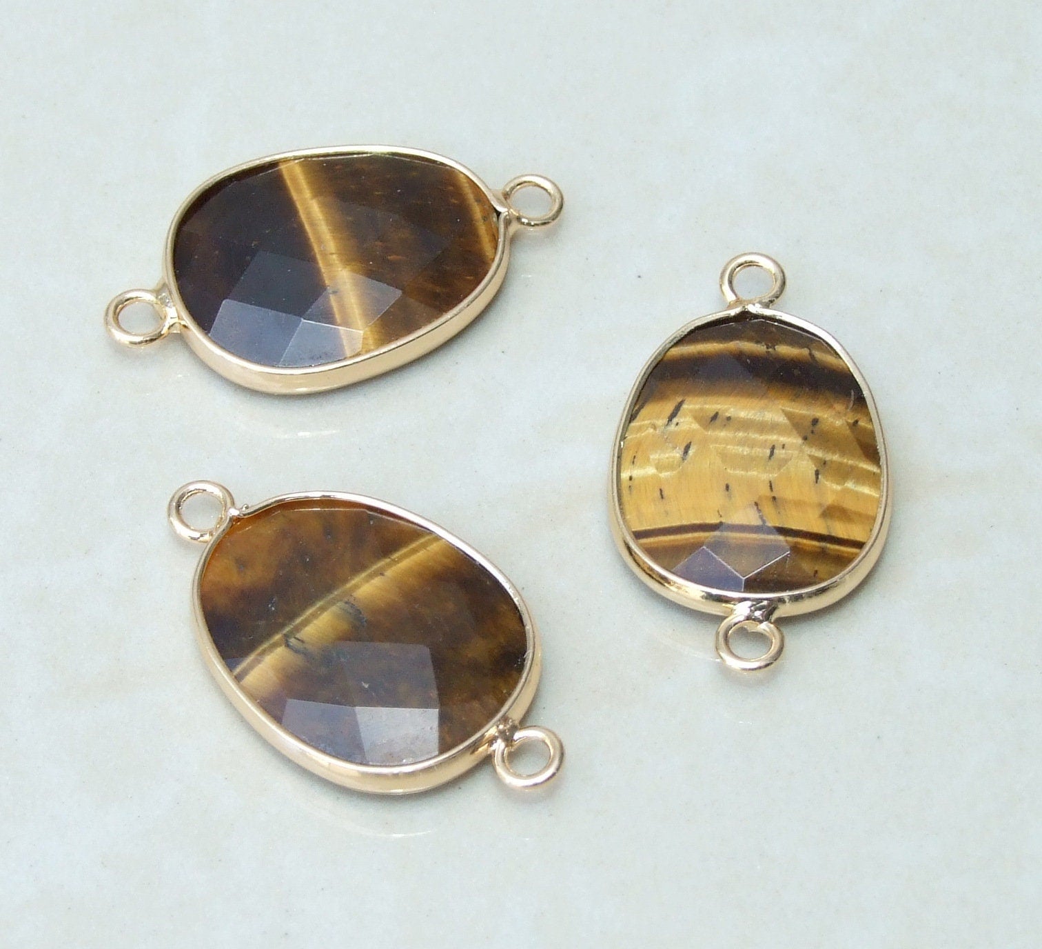 Tiger Eye Faceted Connector, Faceted Gemstone Connector, Stone Pendant, Tiger Eye Pendant, Gemstone Pendant, Gold Bezel, 18mm x 24mm 01B - EDGBeadsandGems