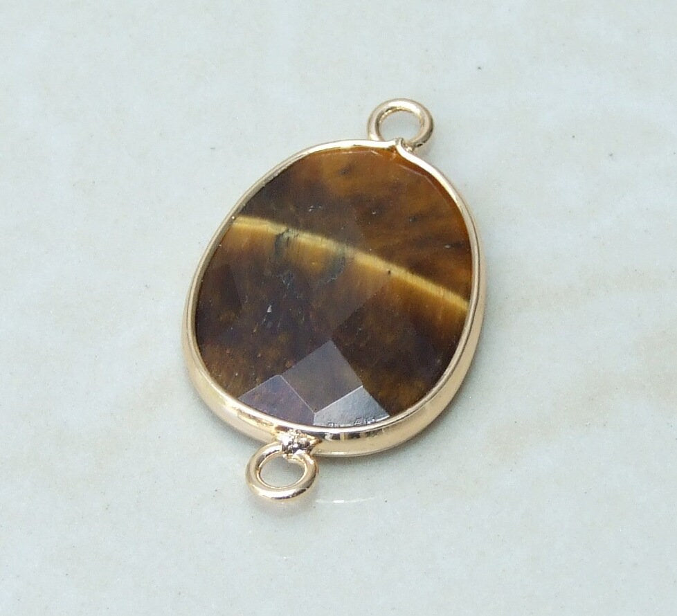 Tiger Eye Faceted Connector, Faceted Gemstone Connector, Stone Pendant, Tiger Eye Pendant, Gemstone Pendant, Gold Bezel, 18mm x 24mm 01B - EDGBeadsandGems