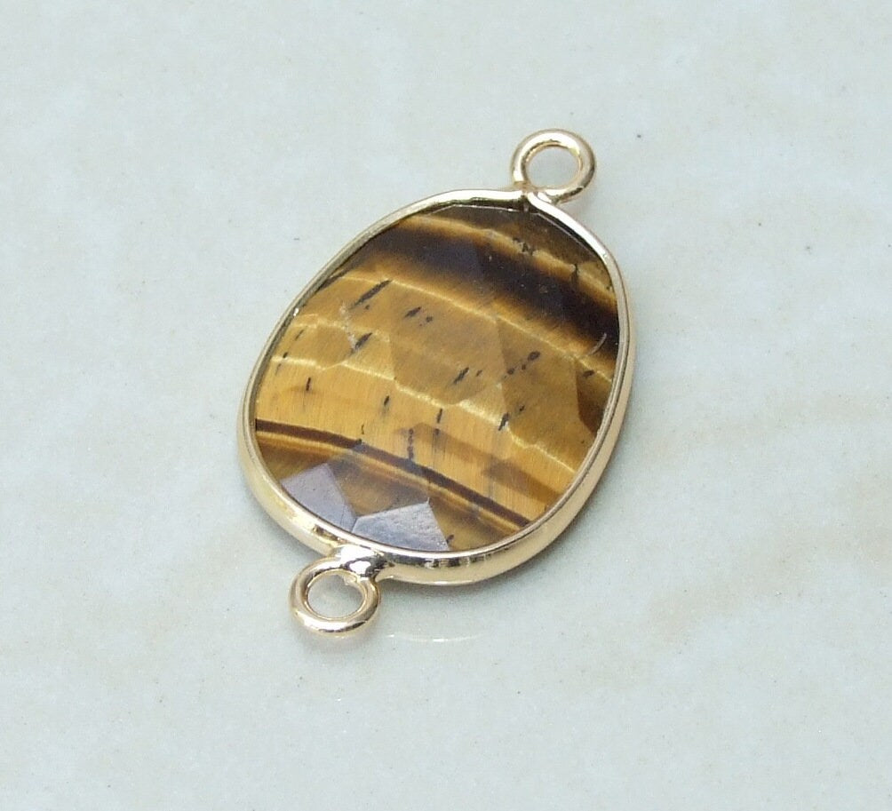 Tiger Eye Faceted Connector, Faceted Gemstone Connector, Stone Pendant, Tiger Eye Pendant, Gemstone Pendant, Gold Bezel, 18mm x 24mm 01B - EDGBeadsandGems