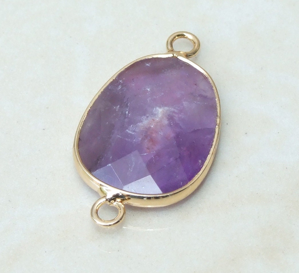 Amethyst Faceted Connector, Faceted Gemstone Connector, Stone Pendant, Amethyst Pendant, Gemstone Pendant, Gold Bezel, 18mm x 24mm 01A - EDGBeadsandGems