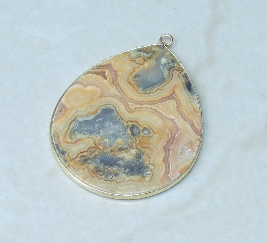 Crazy Lace Agate Pendant, Gemstone Pendant, Mexican Agate, Thin Agate Slice, Polished Agate, Teardrop, Gold Bezel, 30mm x 40mm - EDGBeadsandGems