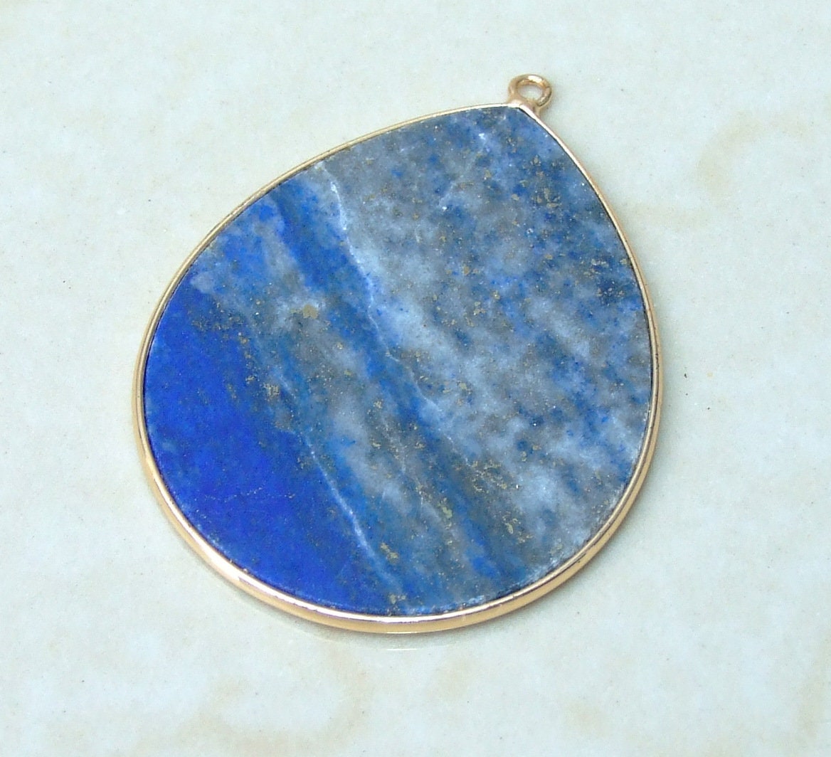 Lapis Pendant, Gemstone Pendant, Slice Pendant, Gold Plated Bezel and Bail, Teardrop Pendant, Thin, Polished, Necklace - 32mm x 38mm - EDGBeadsandGems