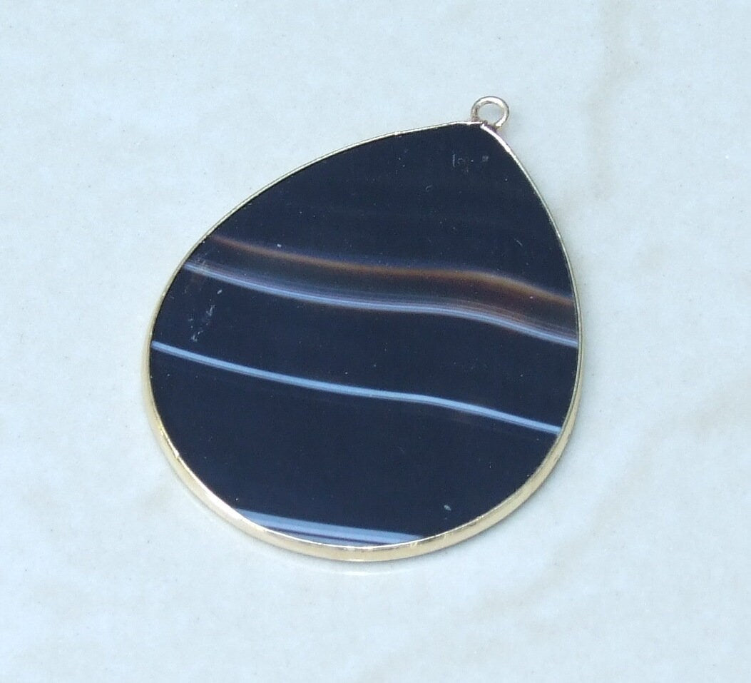 Black Striped Agate Pendant, Gemstone Pendant, Banded Agate, Thin Agate Slice Pendant, Polished Agate, Teardrop, Gold Bezel, 32mm x 38mm - EDGBeadsandGems