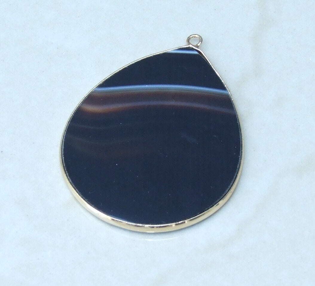 Black Striped Agate Pendant, Gemstone Pendant, Banded Agate, Thin Agate Slice Pendant, Polished Agate, Teardrop, Gold Bezel, 32mm x 38mm - EDGBeadsandGems