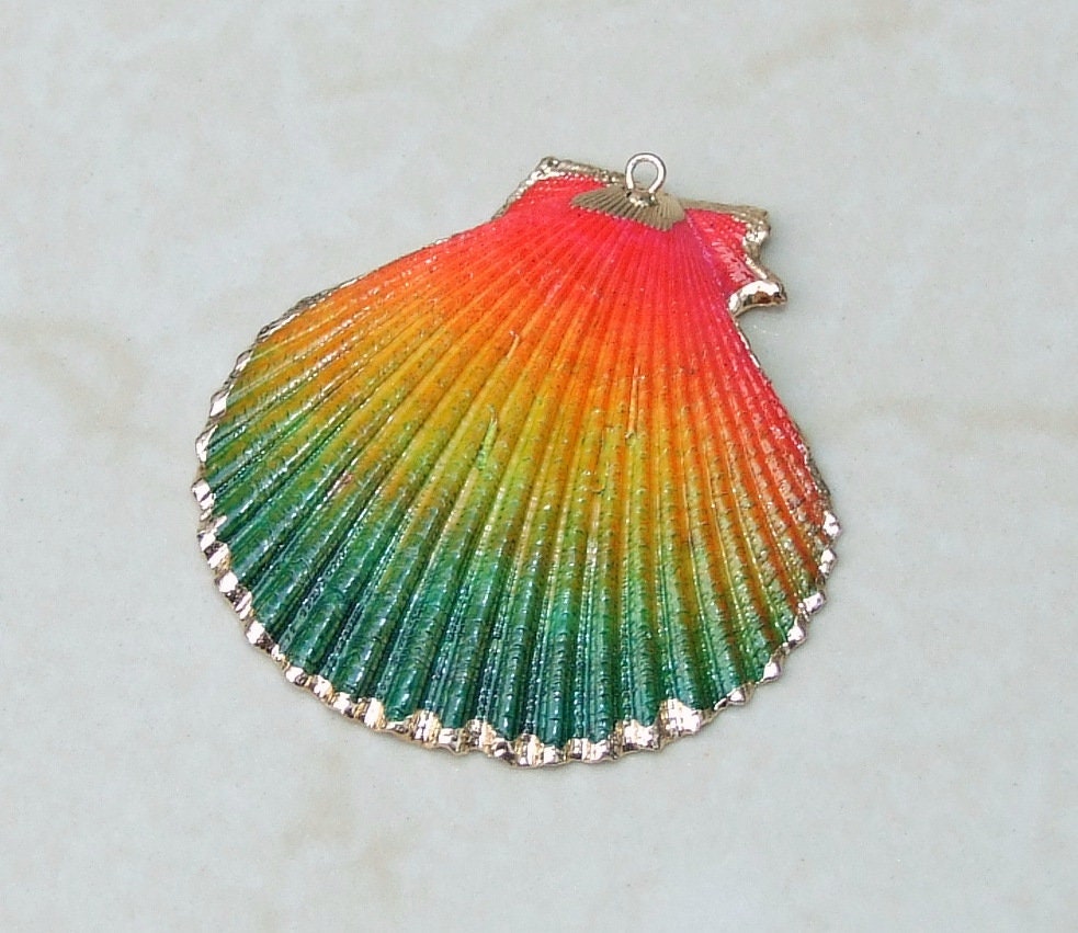 Pink And Green Hand Painted Ocean Inspired SCALLOP SHELL JEWELRY, Natural Gold Plated Edge Loop Pendant, Beachy Necklace, Gift For Her 05D - EDGBeadsandGems