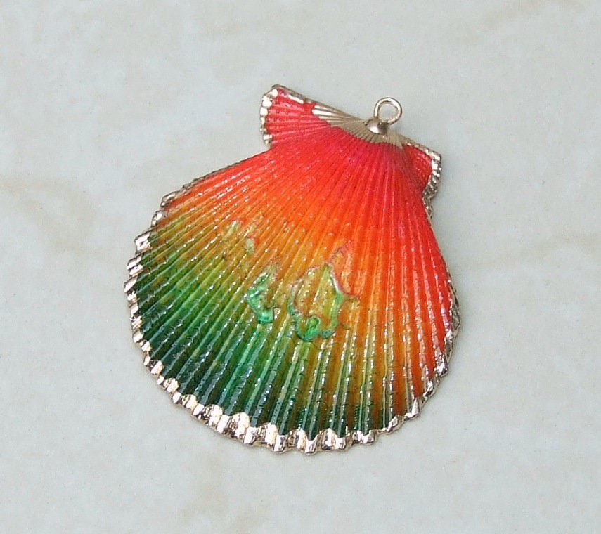 Pink And Green Hand Painted Ocean Inspired SCALLOP SHELL JEWELRY, Natural Gold Plated Edge Loop Pendant, Beachy Necklace, Gift For Her 05D - EDGBeadsandGems
