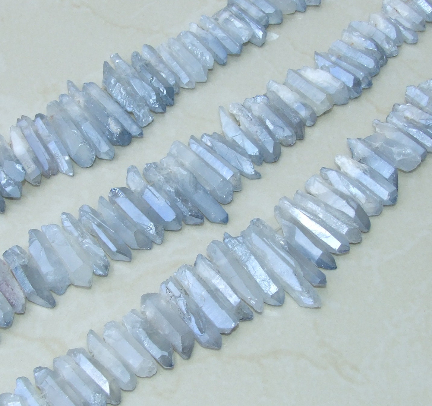 Clear Silver Blue Titanium Quartz Points, Quartz Crystal, Crystal Points, Raw Crystal Quartz, Full - Half Strand, Gemstone Beads - 20-40mm - EDGBeadsandGems