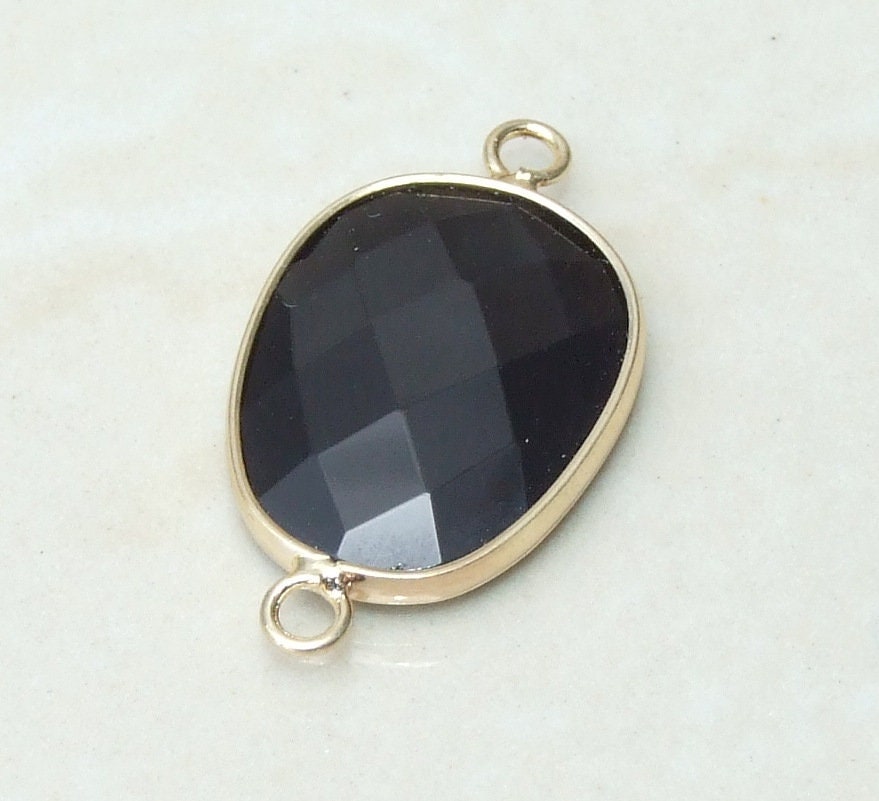 Black Onyx Faceted Connector, Faceted Gemstone Connector, Stone Pendant, Onyx Pendant, Gemstone Pendant, Gold Bezel, 18mm x 24mm 01E - EDGBeadsandGems
