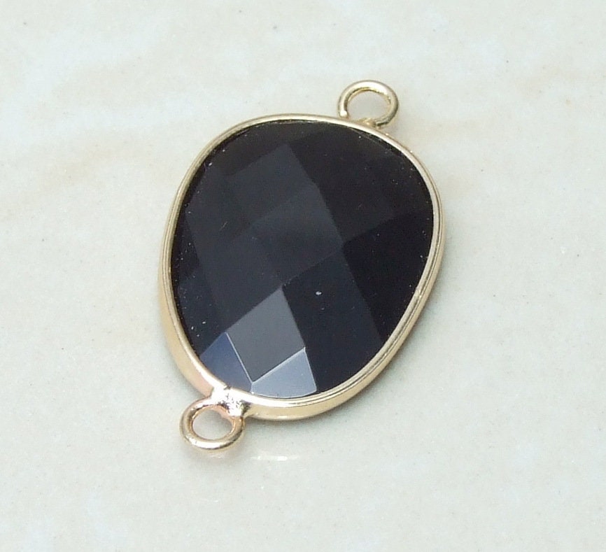 Black Onyx Faceted Connector, Faceted Gemstone Connector, Stone Pendant, Onyx Pendant, Gemstone Pendant, Gold Bezel, 18mm x 24mm 01E - EDGBeadsandGems