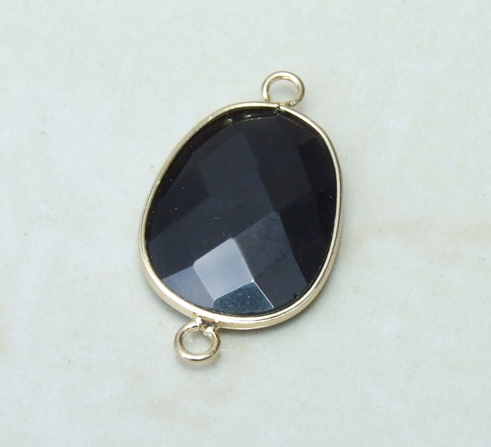 Black Onyx Faceted Connector, Faceted Gemstone Connector, Stone Pendant, Onyx Pendant, Gemstone Pendant, Gold Bezel, 18mm x 24mm 01E - EDGBeadsandGems