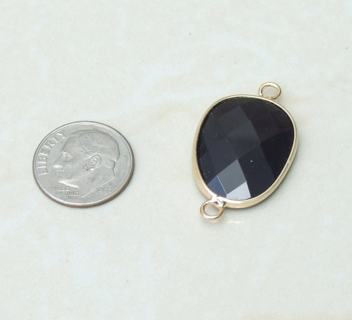 Black Onyx Faceted Stone Pendant: Gold Bezel Connector (18mm x 24mm) - EDGBeadsandGems