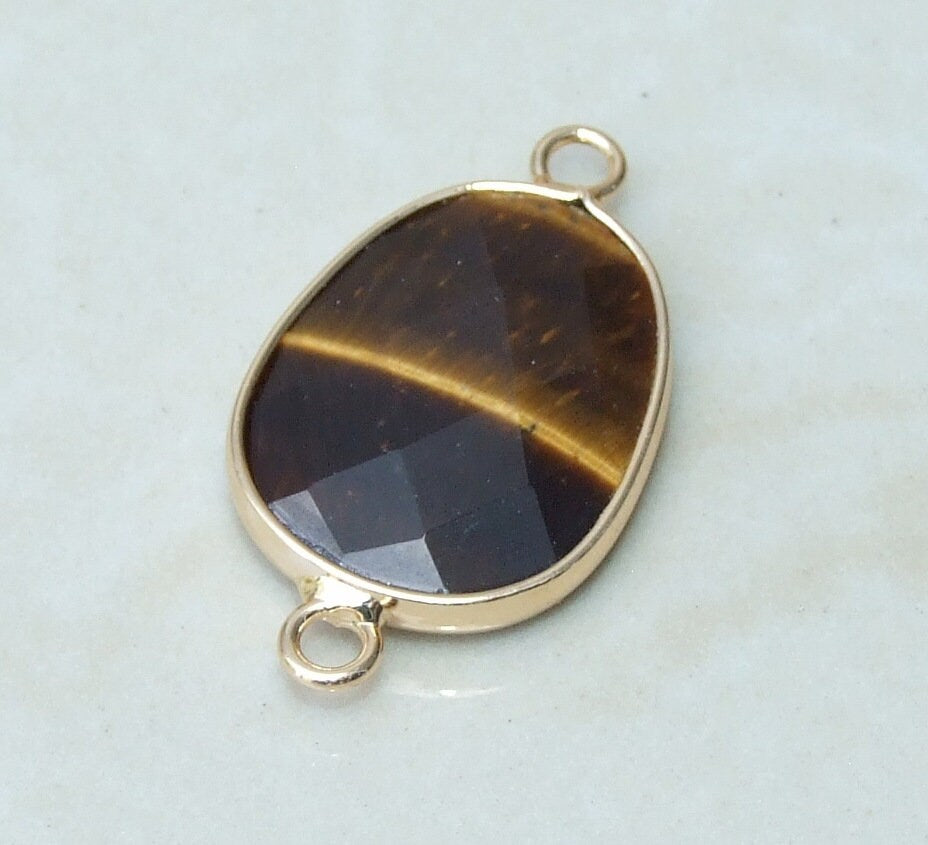 Tiger Eye Faceted Connector, Faceted Gemstone Connector, Stone Pendant, Tiger Eye Pendant, Gemstone Pendant, Gold Bezel, 18mm x 24mm 01B - EDGBeadsandGems