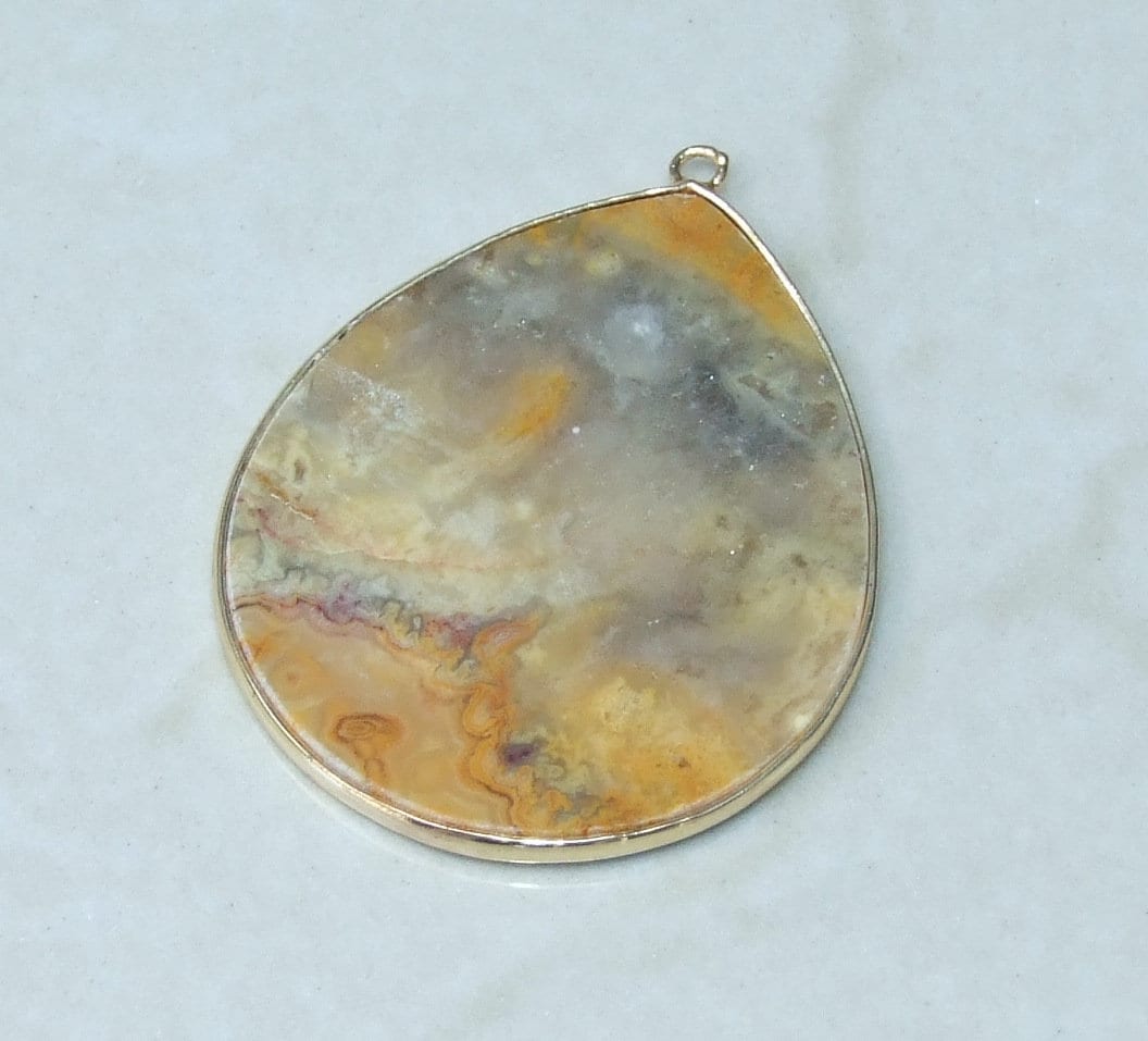 Crazy Lace Agate Pendant, Gemstone Pendant, Mexican Agate, Thin Agate Slice, Polished Agate, Teardrop, Gold Bezel, 30mm x 40mm - EDGBeadsandGems