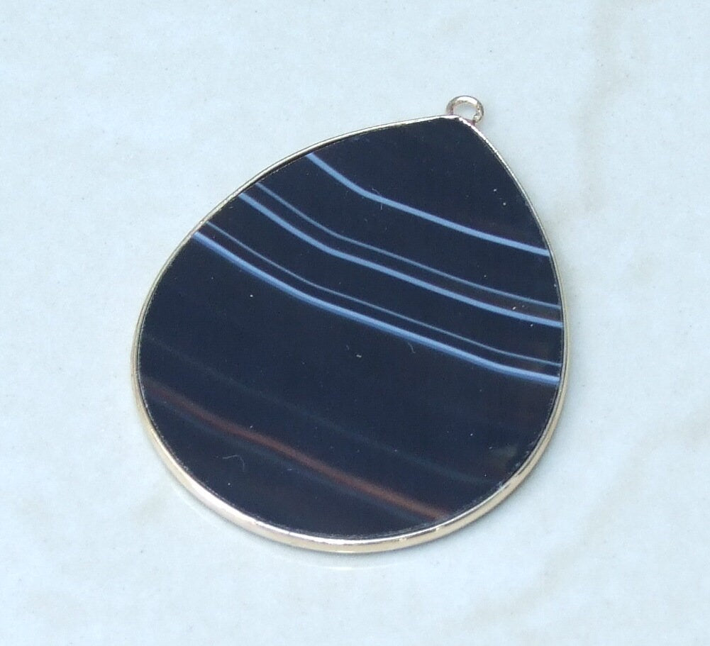 Black Striped Agate Pendant, Gemstone Pendant, Banded Agate, Thin Agate Slice Pendant, Polished Agate, Teardrop, Gold Bezel, 32mm x 38mm - EDGBeadsandGems