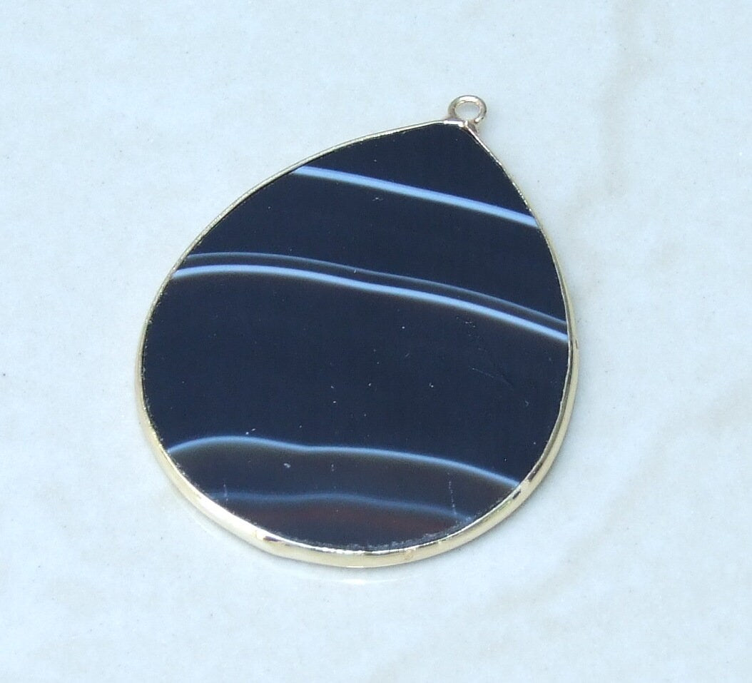 Black Striped Agate Pendant, Gemstone Pendant, Banded Agate, Thin Agate Slice Pendant, Polished Agate, Teardrop, Gold Bezel, 32mm x 38mm - EDGBeadsandGems