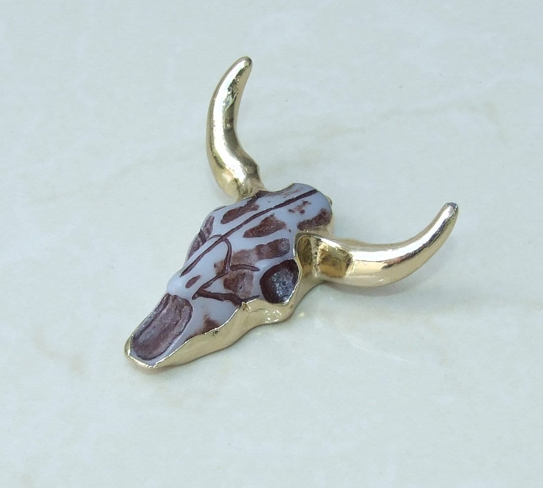 Gold Plated Longhorn Cattle Skull Pendant - Skull Pendant - Buffalo Skull Pendant - Cow Horn - Charm- Gold Plated - 45mm x 45mm - AS - EDGBeadsandGems