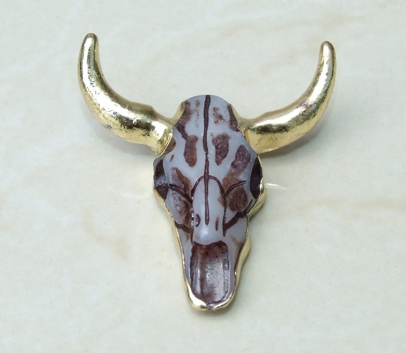 Gold Plated Longhorn Cattle Skull Pendant - Skull Pendant - Buffalo Skull Pendant - Cow Horn - Charm- Gold Plated - 45mm x 45mm - AS - EDGBeadsandGems