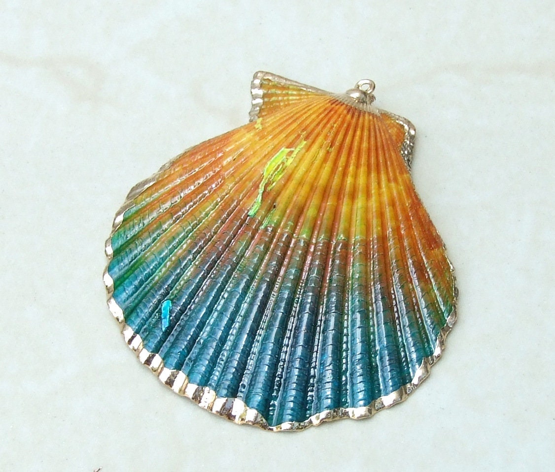 Hand Painted Scallop Shell Pendant, Gold Edge Loop, Natural Seashell, Seashell Necklace, Beach Jewelry, Ocean Seashell, 45mm, 55mm 62-05F - EDGBeadsandGems