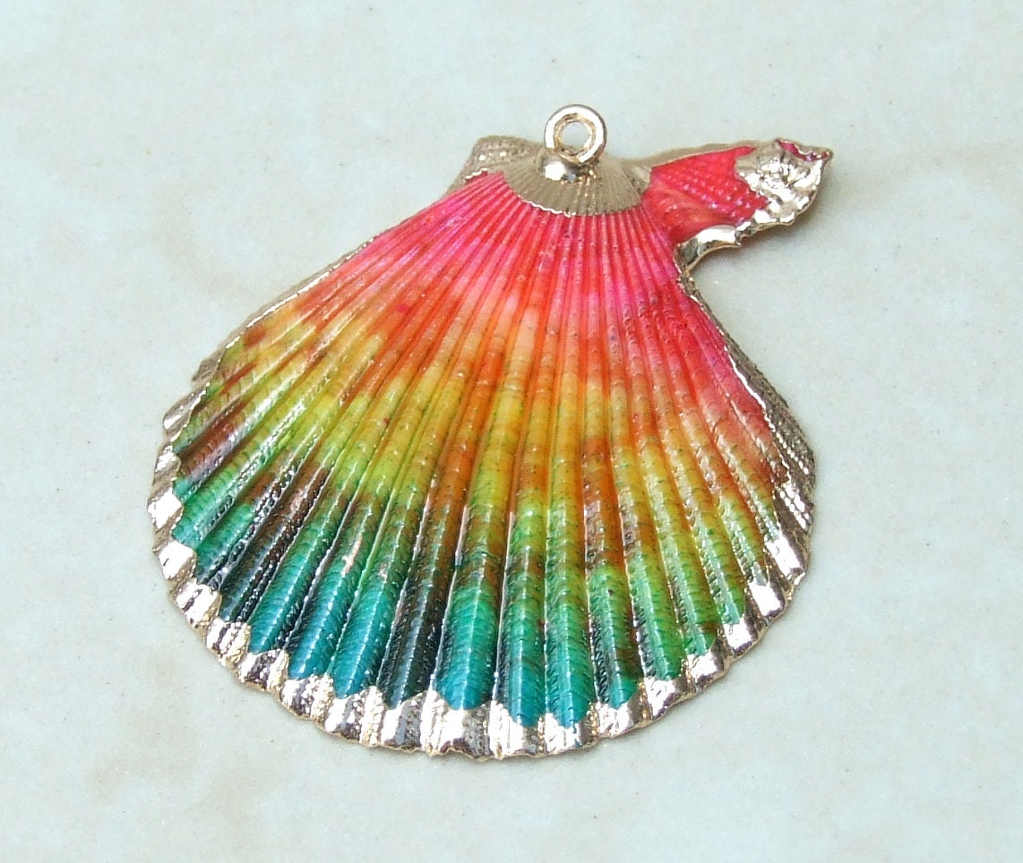 Pink And Green Hand Painted Ocean Inspired SCALLOP SHELL JEWELRY, Natural Gold Plated Edge Loop Pendant, Beachy Necklace, Gift For Her 05D - EDGBeadsandGems