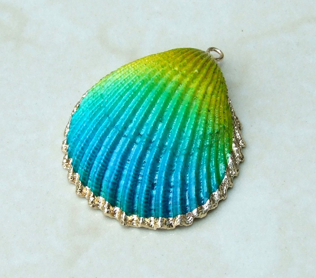 Hand Painted Natural Sea Shell Pendant, Seashell Bead, Shell Pendant, Charm, Clam Shell, Shell Jewelry, Yellow and Blue - 35-40mm - 04C - EDGBeadsandGems