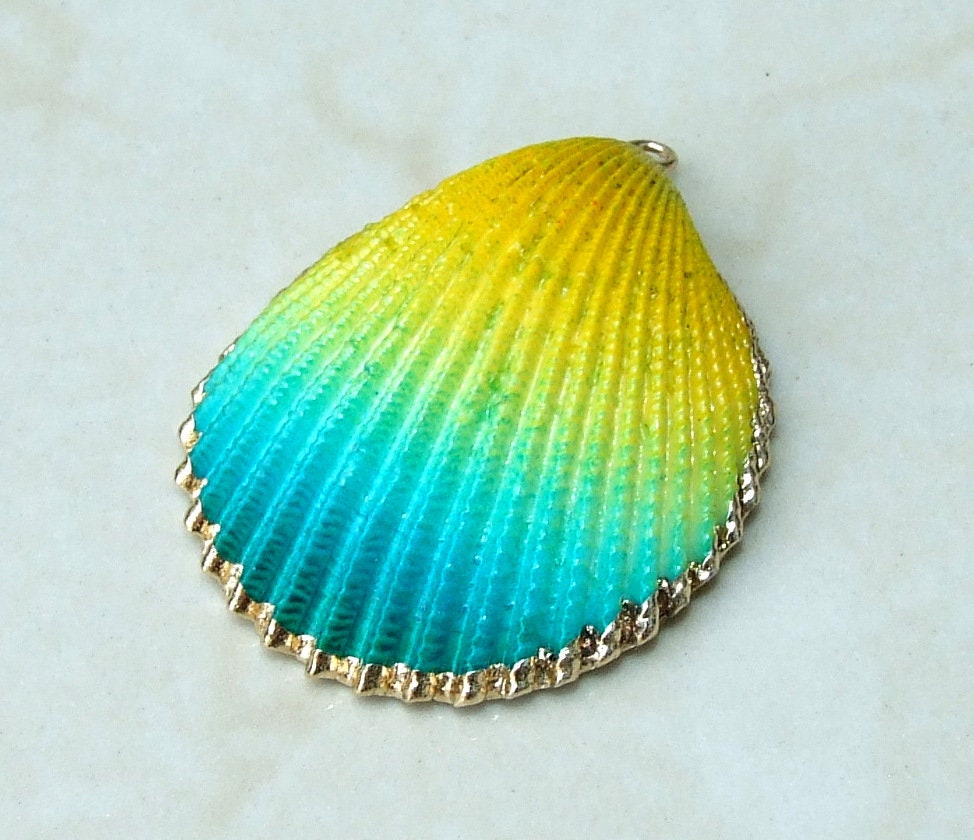 Hand Painted Natural Sea Shell Pendant, Seashell Bead, Shell Pendant, Charm, Clam Shell, Shell Jewelry, Yellow and Blue - 35-40mm - 04C - EDGBeadsandGems