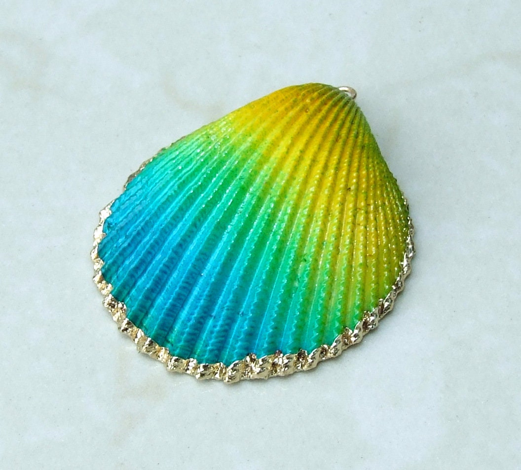 Hand Painted Natural Sea Shell Pendant, Seashell Bead, Shell Pendant, Charm, Clam Shell, Shell Jewelry, Yellow and Blue - 35-40mm - 04C - EDGBeadsandGems