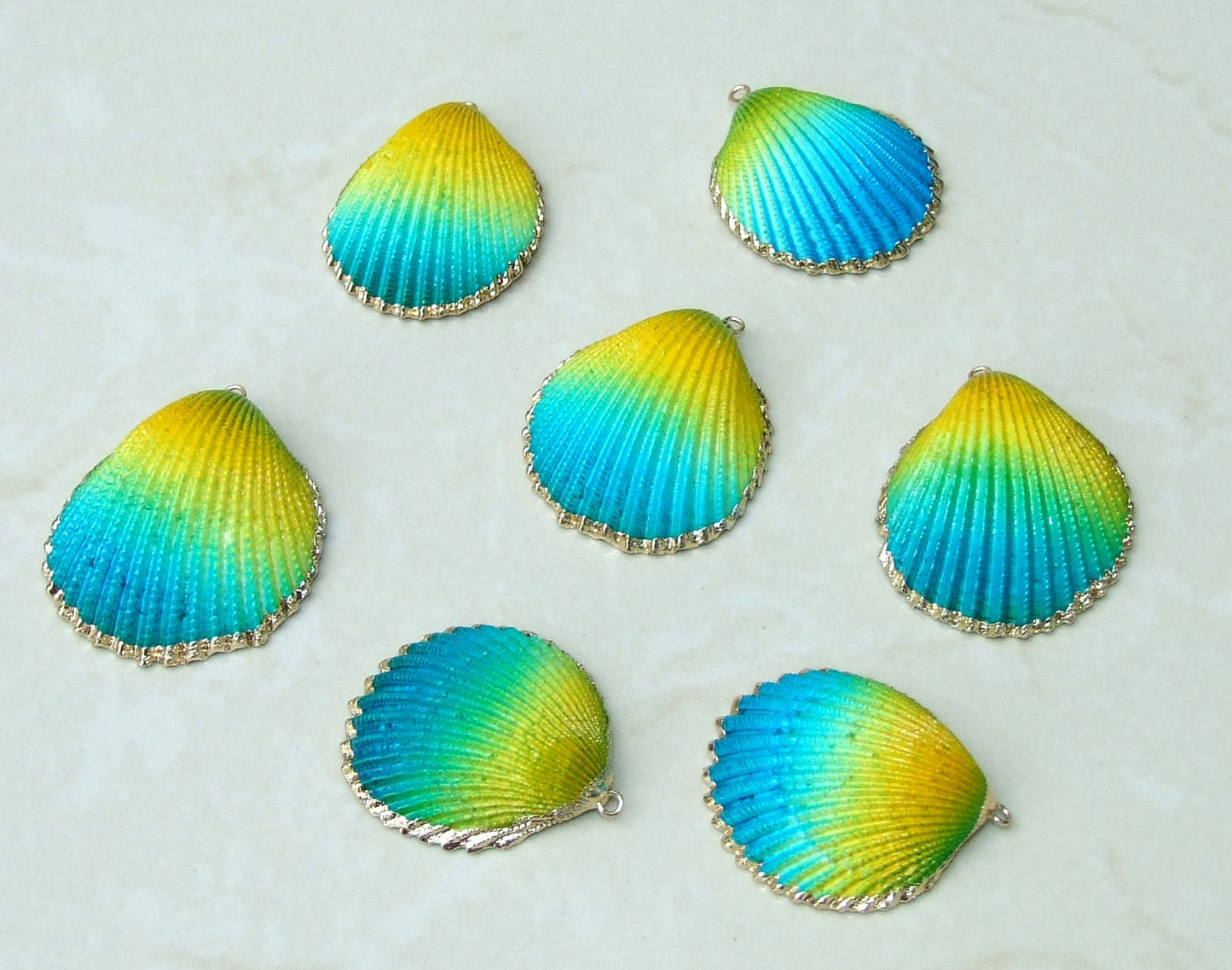 Hand Painted Natural Sea Shell Pendant, Seashell Bead, Shell Pendant, Charm, Clam Shell, Shell Jewelry, Yellow and Blue - 35-40mm - 04C - EDGBeadsandGems