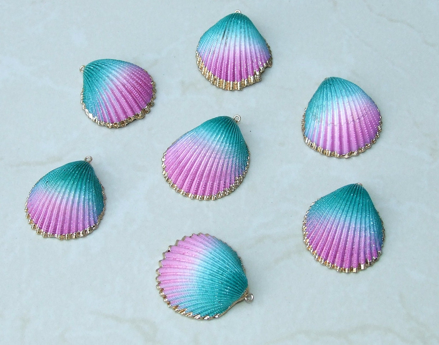 Hand Painted Natural Sea Shell Pendant, Seashell Bead, Shell Pendant, Charm, Clam Shell, Shell Jewelry, Pink and Green - 35-40mm - 04B - EDGBeadsandGems