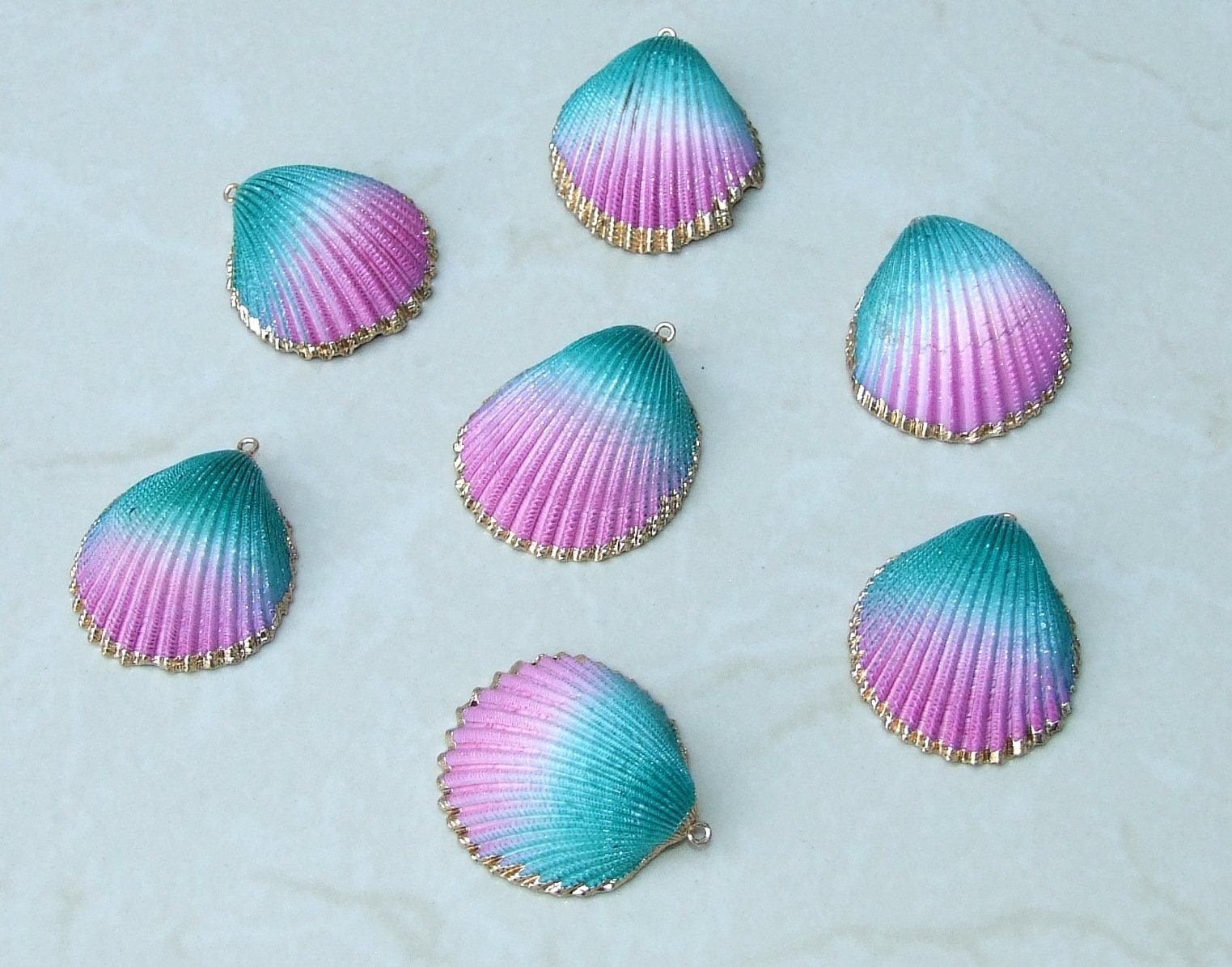 Hand Painted Natural Sea Shell Pendant, Seashell Bead, Shell Pendant, Charm, Clam Shell, Shell Jewelry, Pink and Green - 35-40mm - 04B - EDGBeadsandGems