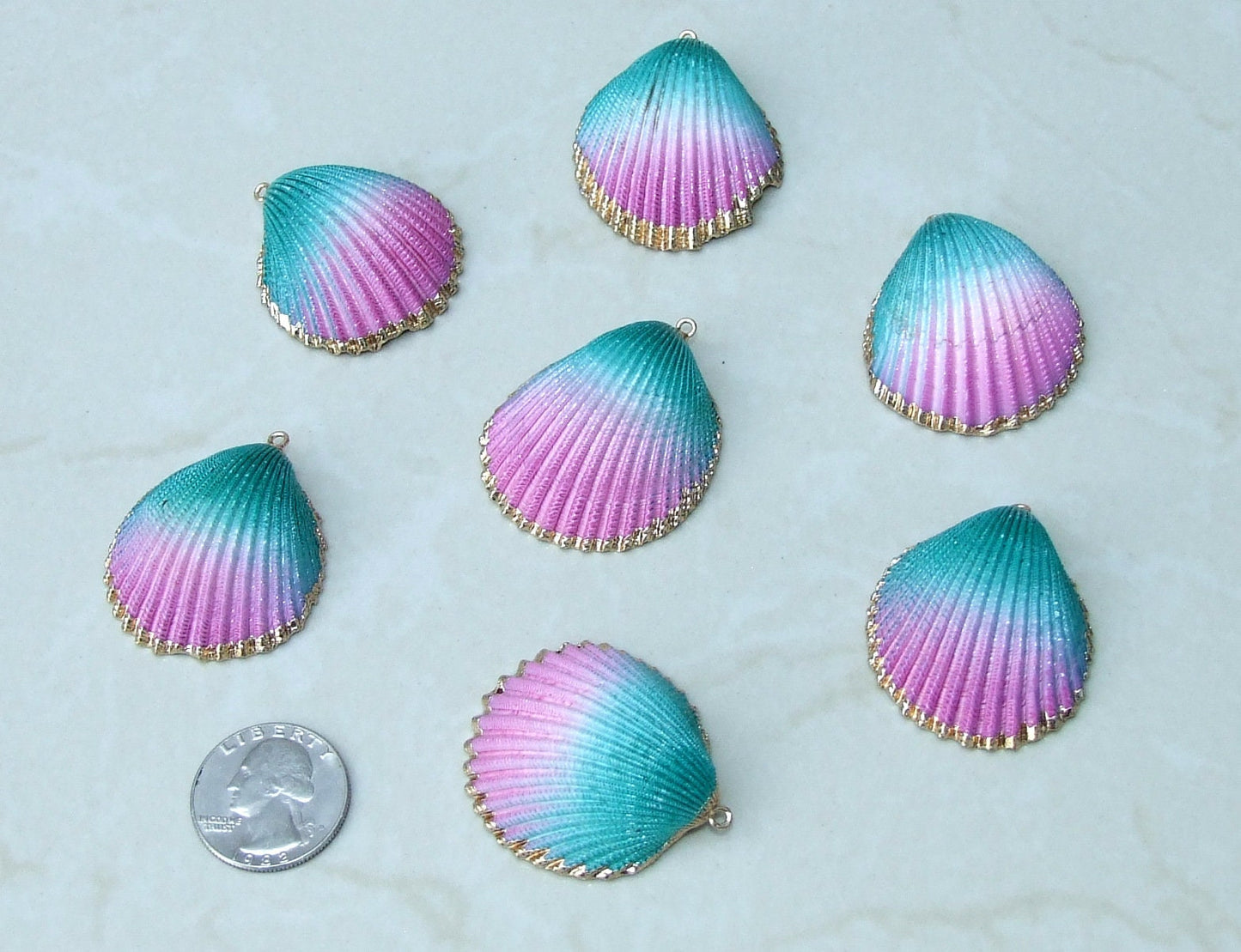 Hand Painted Natural Sea Shell Pendant, Seashell Bead, Shell Pendant, Charm, Clam Shell, Shell Jewelry, Pink and Green - 35-40mm - 04B - EDGBeadsandGems