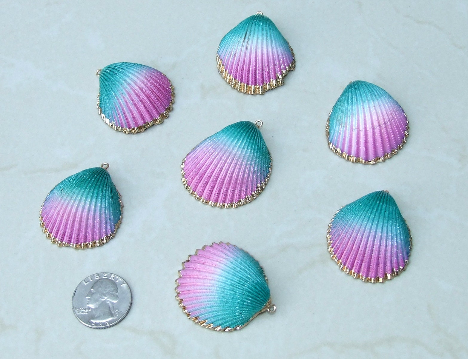Hand Painted Natural Sea Shell Pendant, Seashell Bead, Shell Pendant, Charm, Clam Shell, Shell Jewelry, Pink and Green - 35-40mm - 04B - EDGBeadsandGems